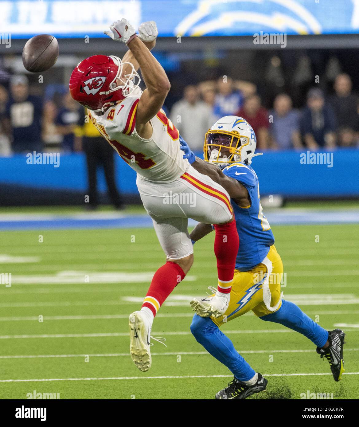 Los Angeles Chargers safety JT Woods makes a catch at the NFL