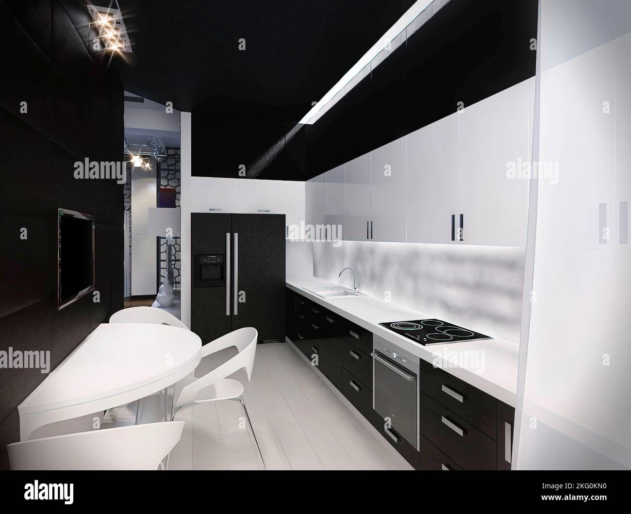 3d render of a modern kitchen in an city apartment. Kitchen interior ...