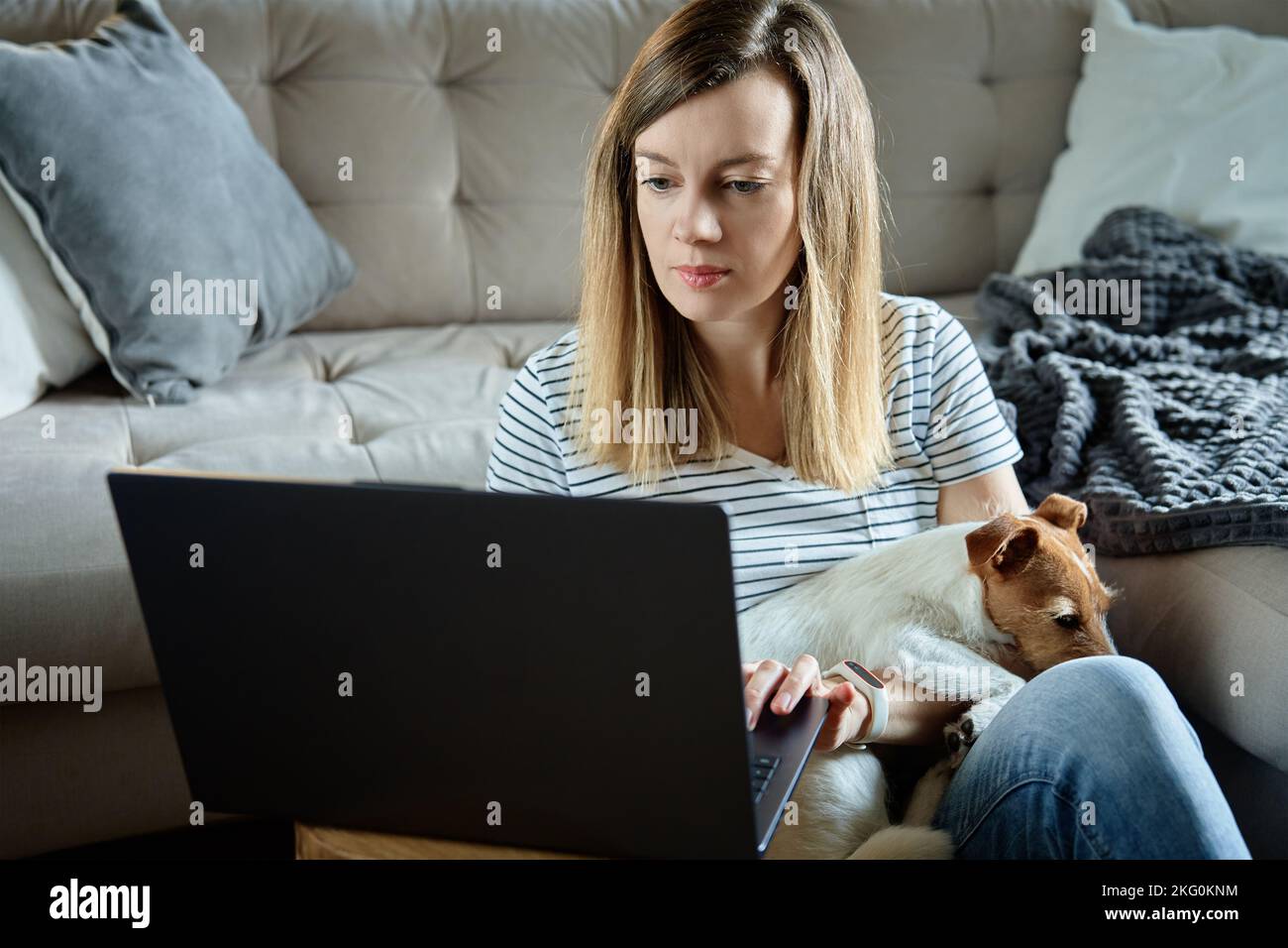 Woman using laptop at living room and petting her dog. Working from home with pet. Female freelancer sitting on sofa and looking at laptop screen Stock Photo