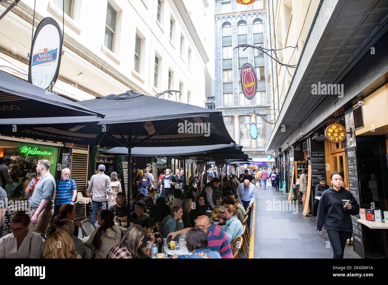 Melbourne laneway, Victoria, people eating and dining at cafes and restaurants in Degraves street, Melbourne city centre,Australia Stock Photo