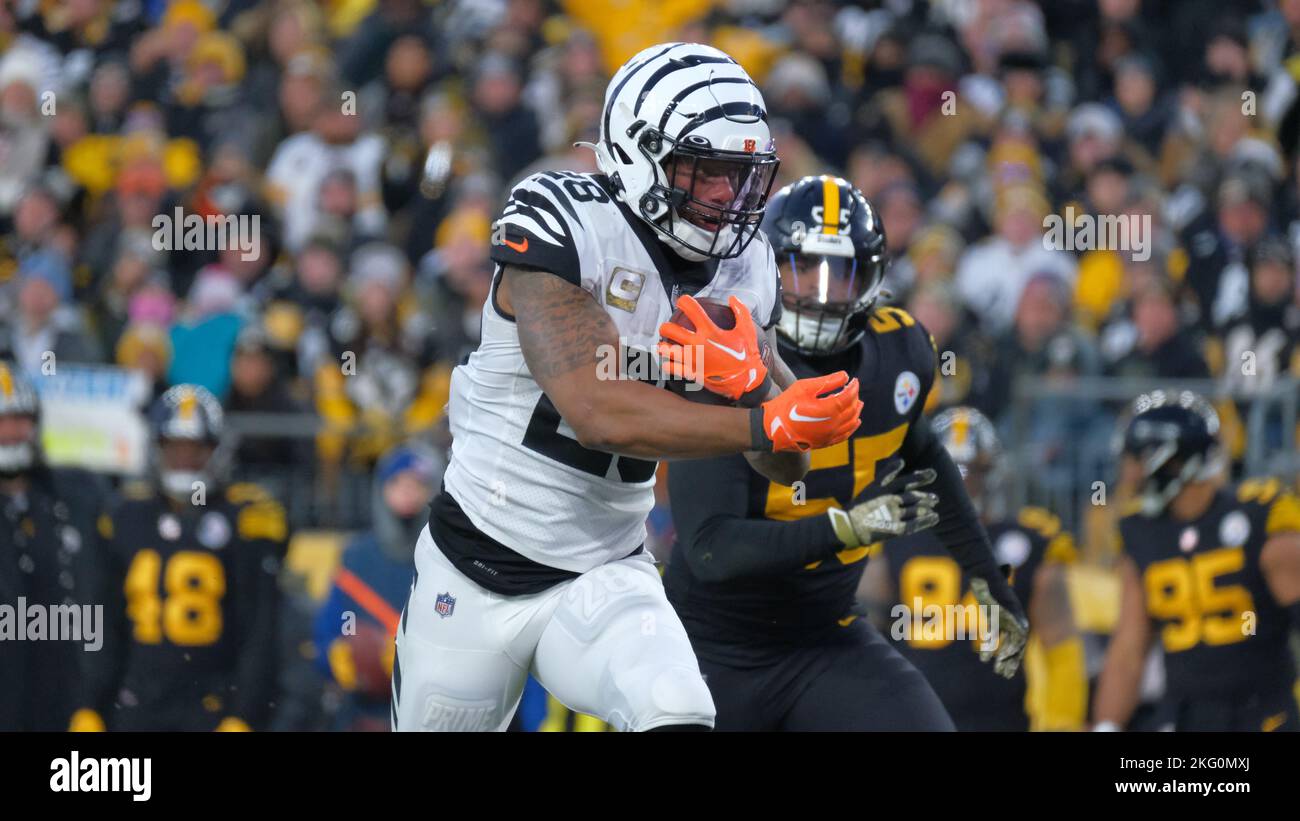 Pittsburgh, Pennsylvania, USA. 20th Nov, 2022. November 20th, 2022  Cincinnati Bengals running back Joe Mixon (28) and Cincinnati Bengals  running back Samaje Perine (34) celebrate after scoring a touchdown during  Pittsburgh Steelers