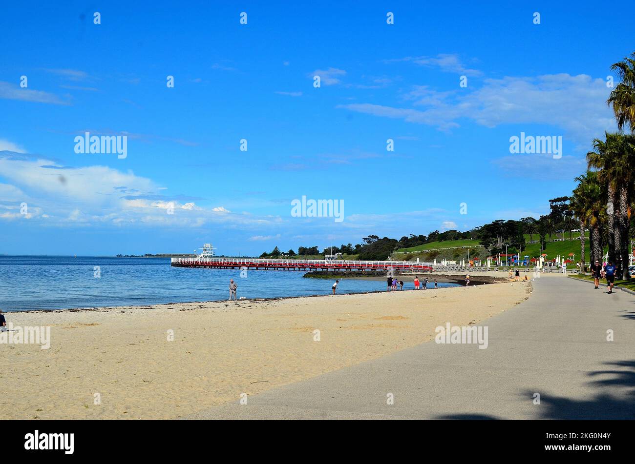 The beachfront on the bay of the Eastern Beach foreshore in Geelong ...