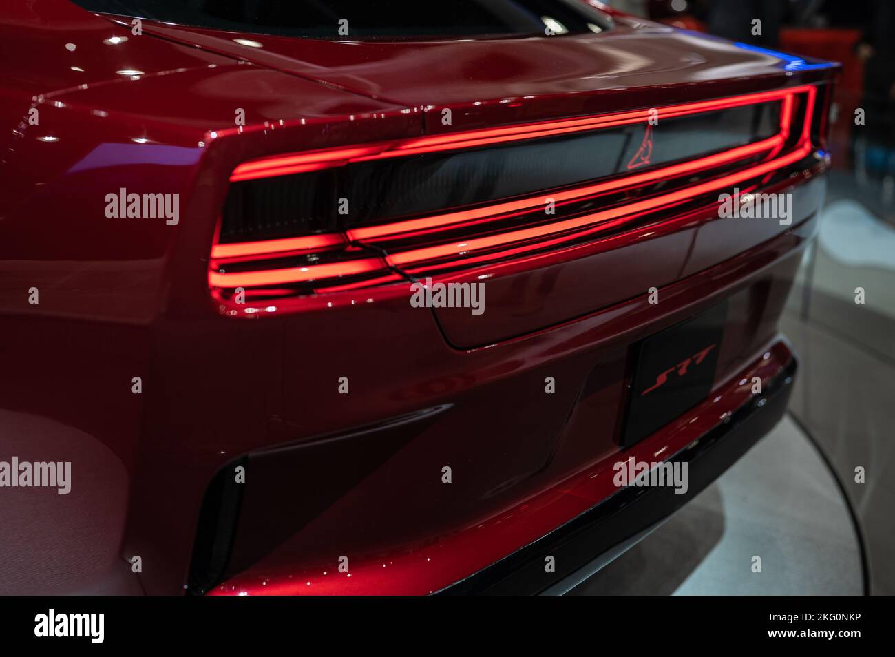 Los Angeles - USA - November 17, 2022 All-Electric Dodge Challenger during LA Auto Show at Los Angeles Convention Center. Stock Photo