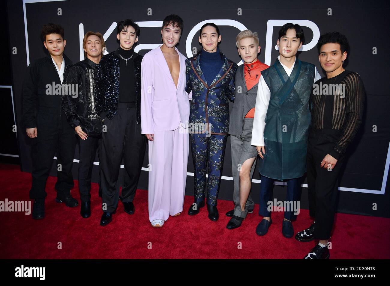 New York, USA. 20th Nov, 2022. (L-R) Jiho Kang, James Kho, Kevin Woo, John Yi, Eddy Lee, Abraham Lim, Joshua Lee and Zachary Noah Piser attend ‘KPOP' Opening night at Circle in the Square Theatre in New York, NY, November 20, 2022. (Photo by Anthony Behar/Sipa USA) Credit: Sipa USA/Alamy Live News Stock Photo