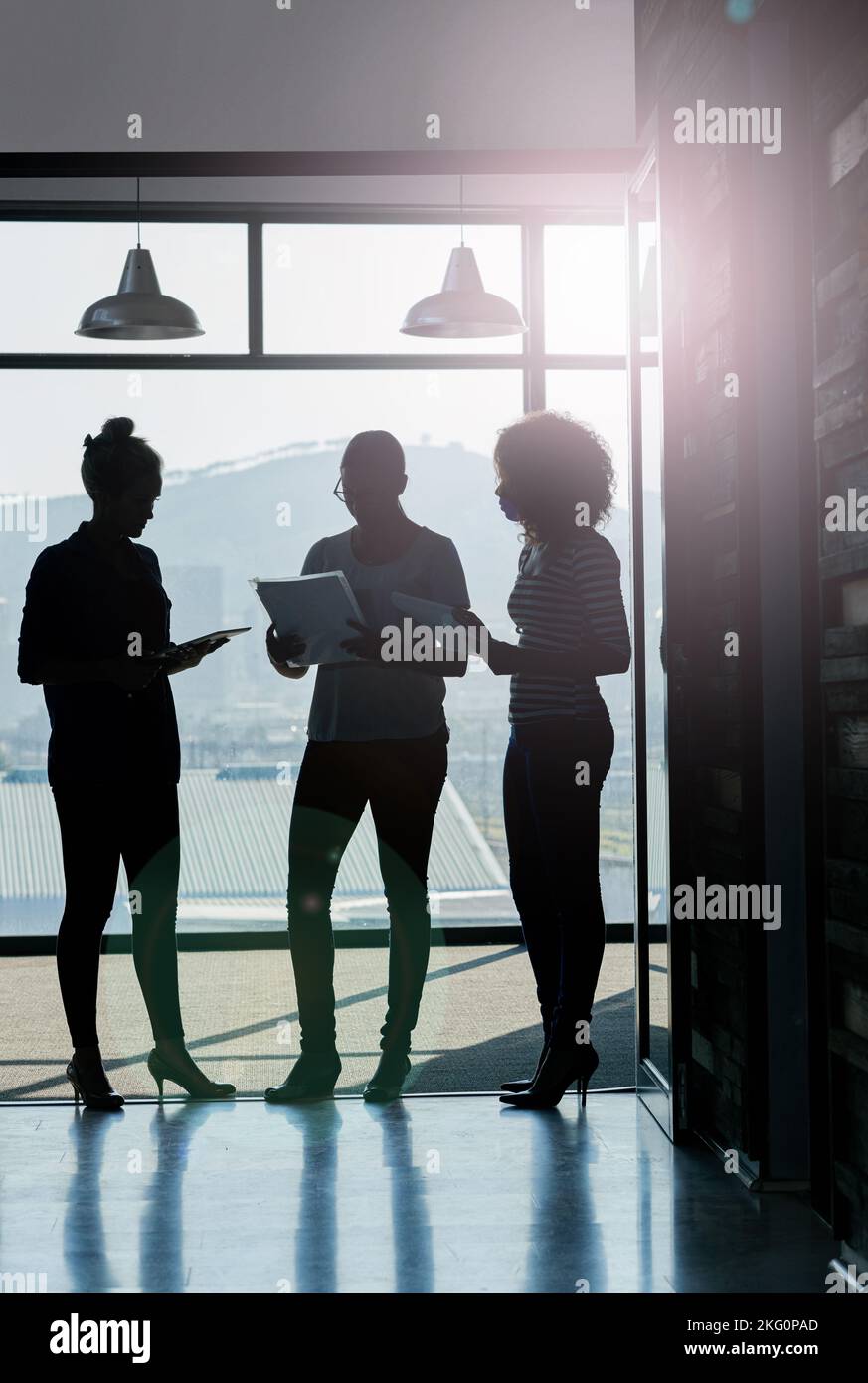Success takes teamwork. Silhouette shot of female coworkers talking while standing in front of a window in an office. Stock Photo