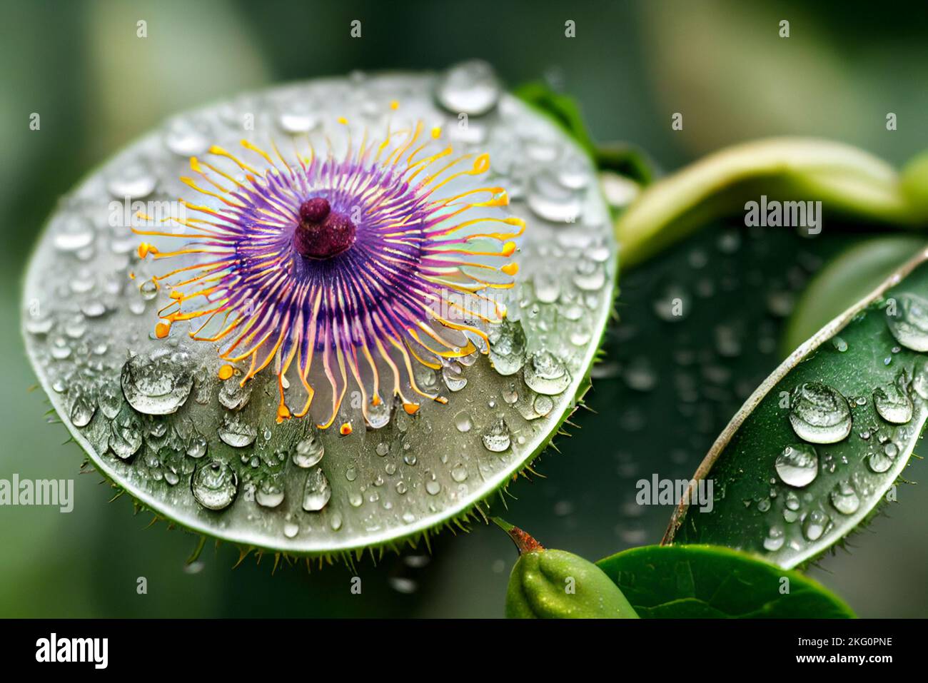 Rain drops falling on a beautiful passionfruit flower amongst the