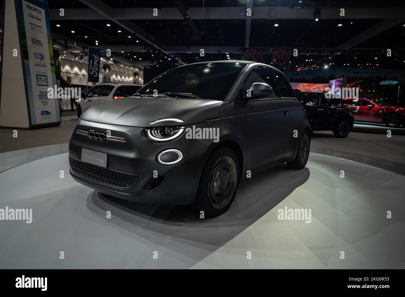 Los Angeles - USA - November 17, 2022: Uncovered Fiat 500 during LA Auto Show at Los Angeles Convention Center. Stock Photo