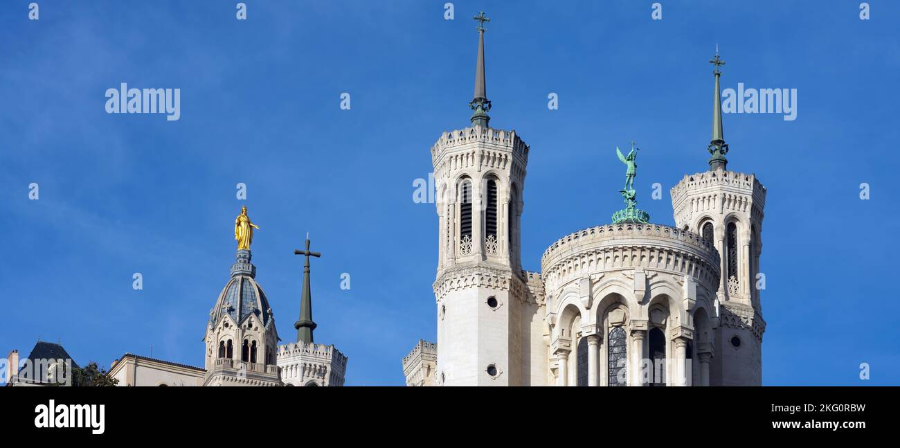 Famous view of Notre-Dame-de-Fourviere basilica in Lyon, France Stock Photo
