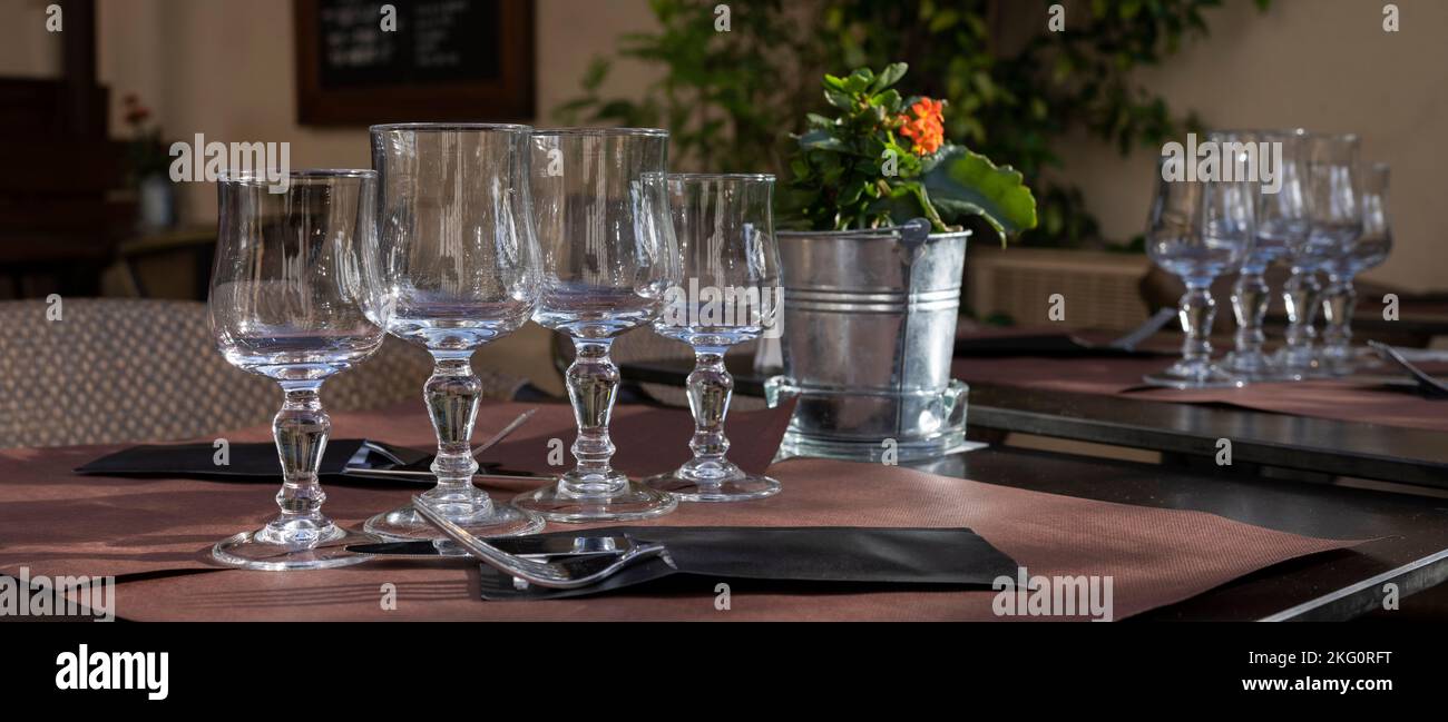 Restaurant table on terrace in Lyon, France Stock Photo