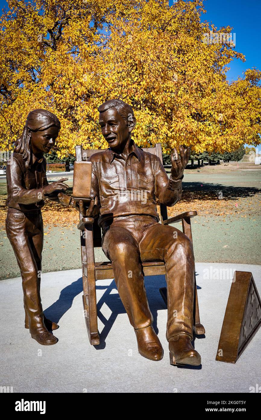 A sculpture commissioned through the Wyoming's Art in Public Buildings program sits on the grounds of the new site as the Wyoming Veterans Home celebrated a grand opening ceremony for their new skilled nursing facility on the grounds in Buffalo, Wyo., on Oct. 20, 2022. The new facility provides residential care and treatment to veterans, their spouses, and Gold Star Families. Stock Photo