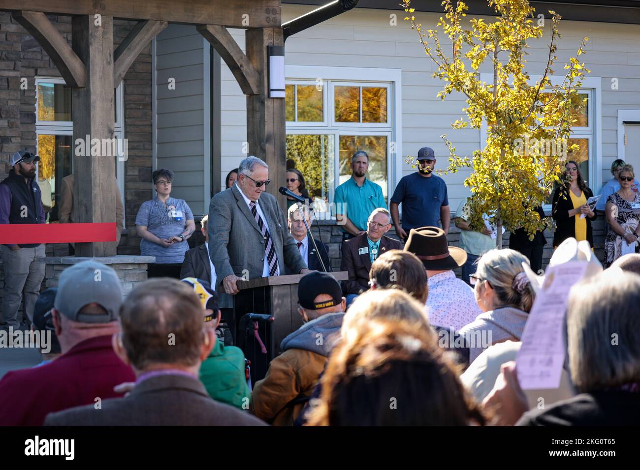 Commissioner Jack Tarter gives remarks as the Wyoming Veterans Home celebrated a grand opening ceremony for their new skilled nursing facility on the grounds in Buffalo, Wyo., on Oct. 20, 2022. The new facility provides residential care and treatment to veterans, their spouses, and Gold Star Families. Stock Photo