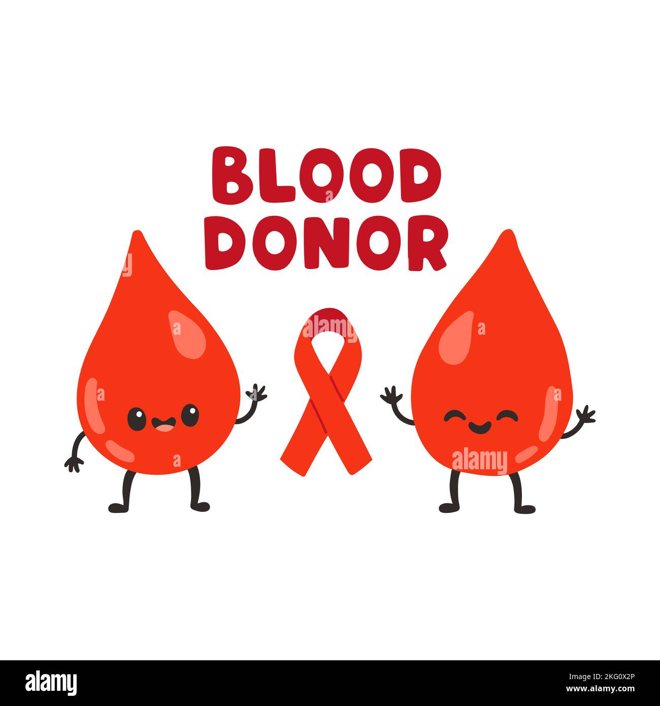 Blood donor, cute blood drops and red ribbon. Hand drawn Vector illustrations. Donate Blood, Health Care Concept Stock Vector