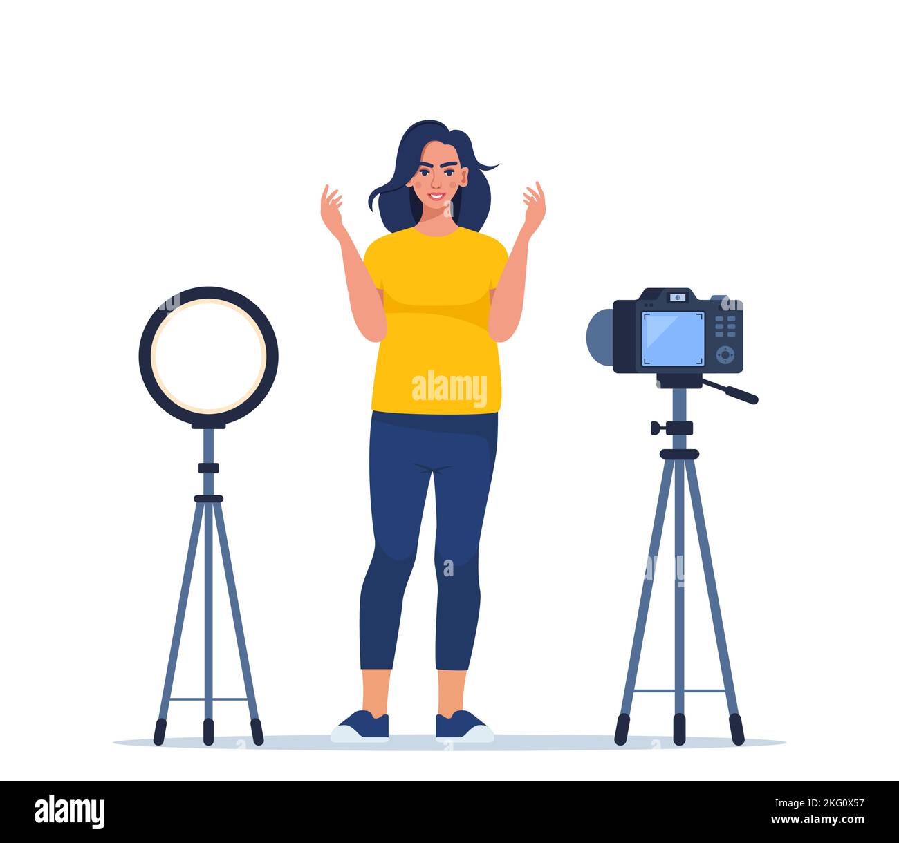 Blogger communicates in live stream with followers. Woman records video standing in front of the camera. Influencer creating video for a blog. Vector Stock Vector