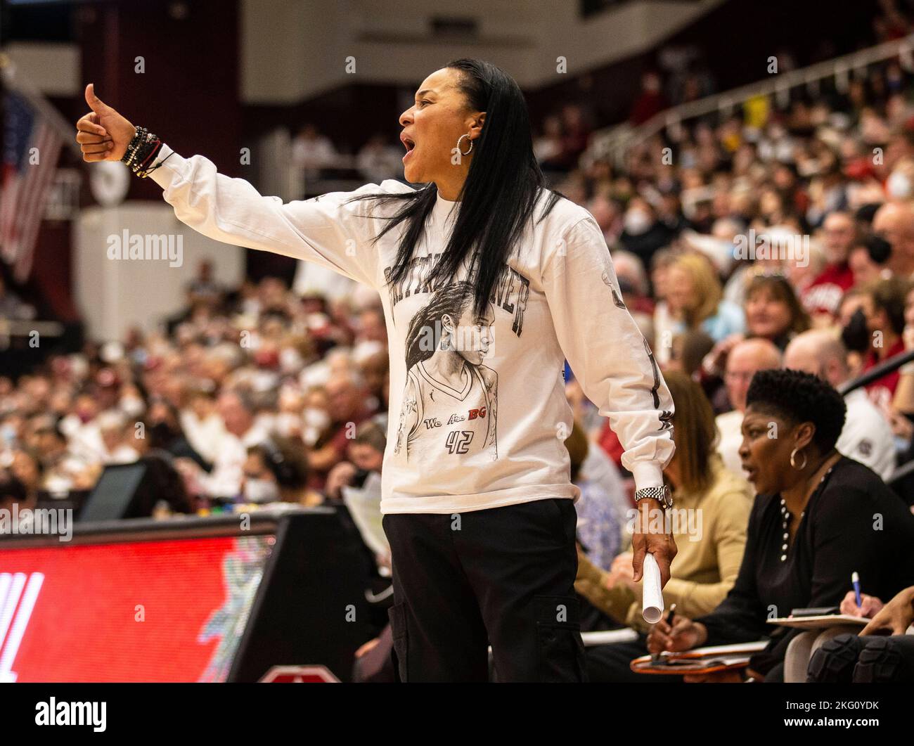 South Carolina head coach Dawn Staley, center, reacts during the first half  of an NCAA college basketball game against South Carolina-Upstate Thursday,  Nov. 21, 2019, in Columbia, S.C. (AP Photo/Richard Shiro Stock