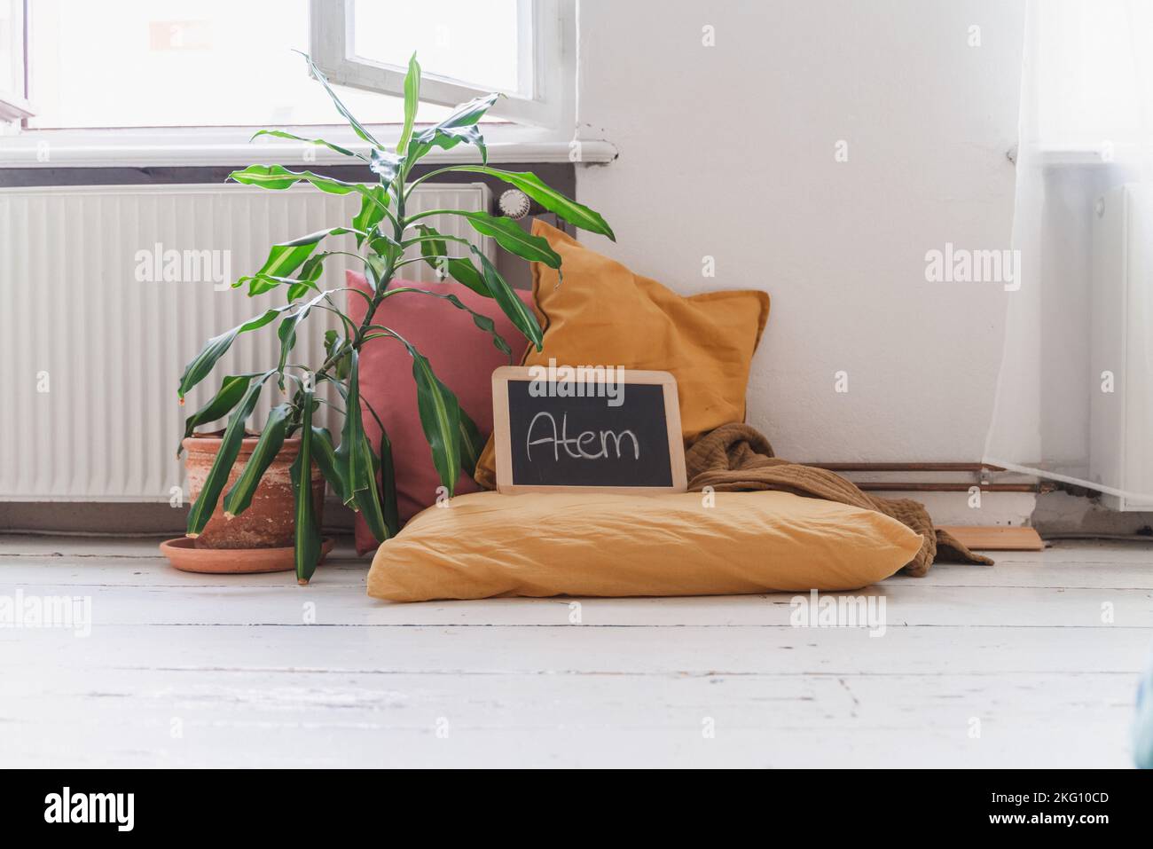 A green plant, yellow pillows, and a small 'Atem' blackboard against a white wall - Hypnobirthing concept Stock Photo