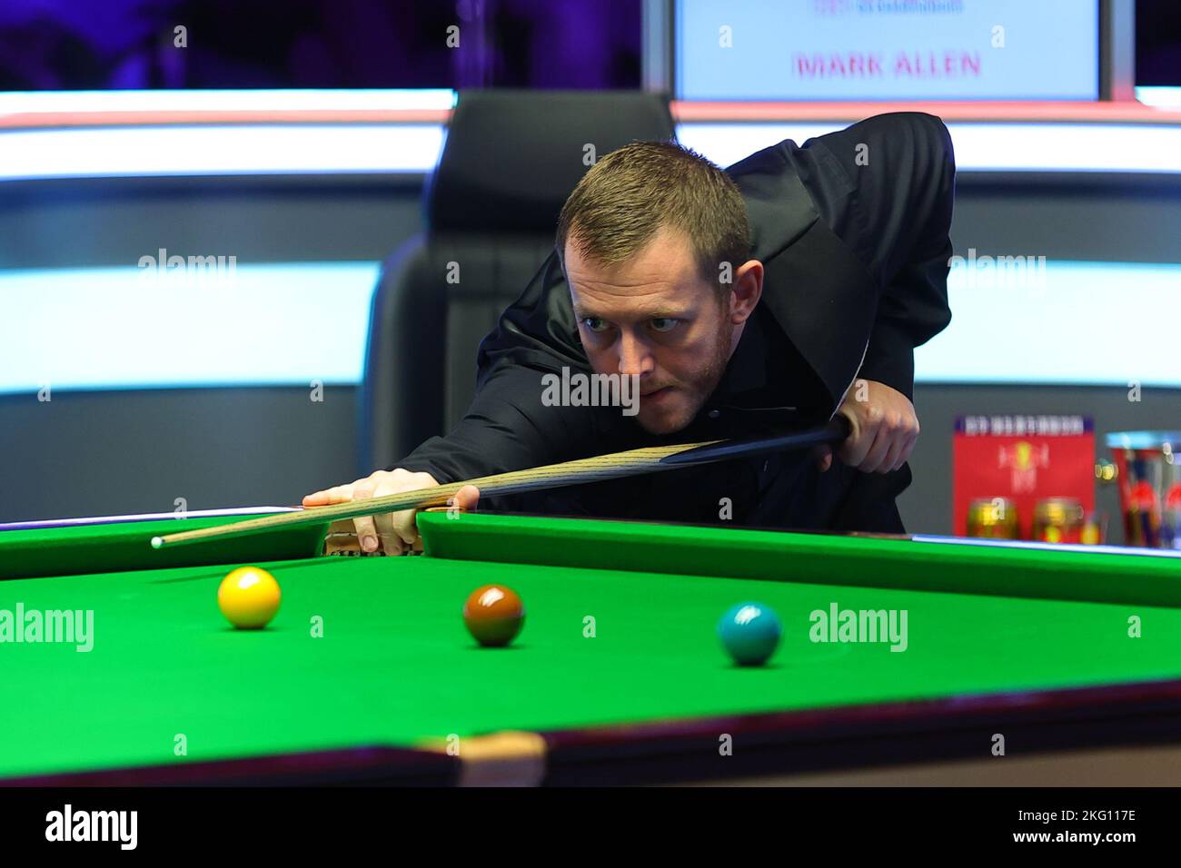 York, Britain. 20th Nov, 2022. Mark Allen of Northern Ireland competes during the final match against Ding Junhui of China at 2022 UK Snooker Championship in York, Britain, Nov