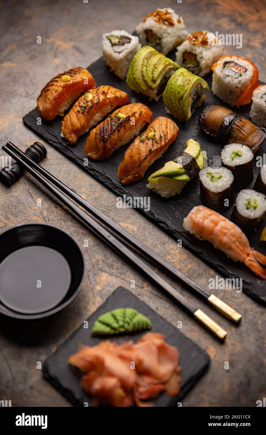 Variety of Japanese sushi served with soy sauce Stock Photo Alamy