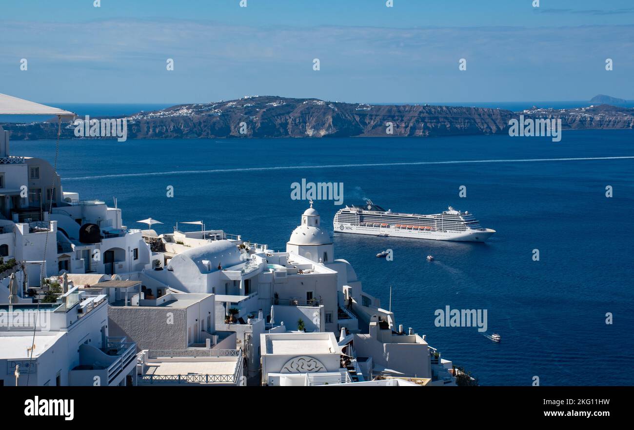 Fira santorini Greece -22 September 2022:  MSC Cruise Ship Musica in bay of Fira Stock Photo