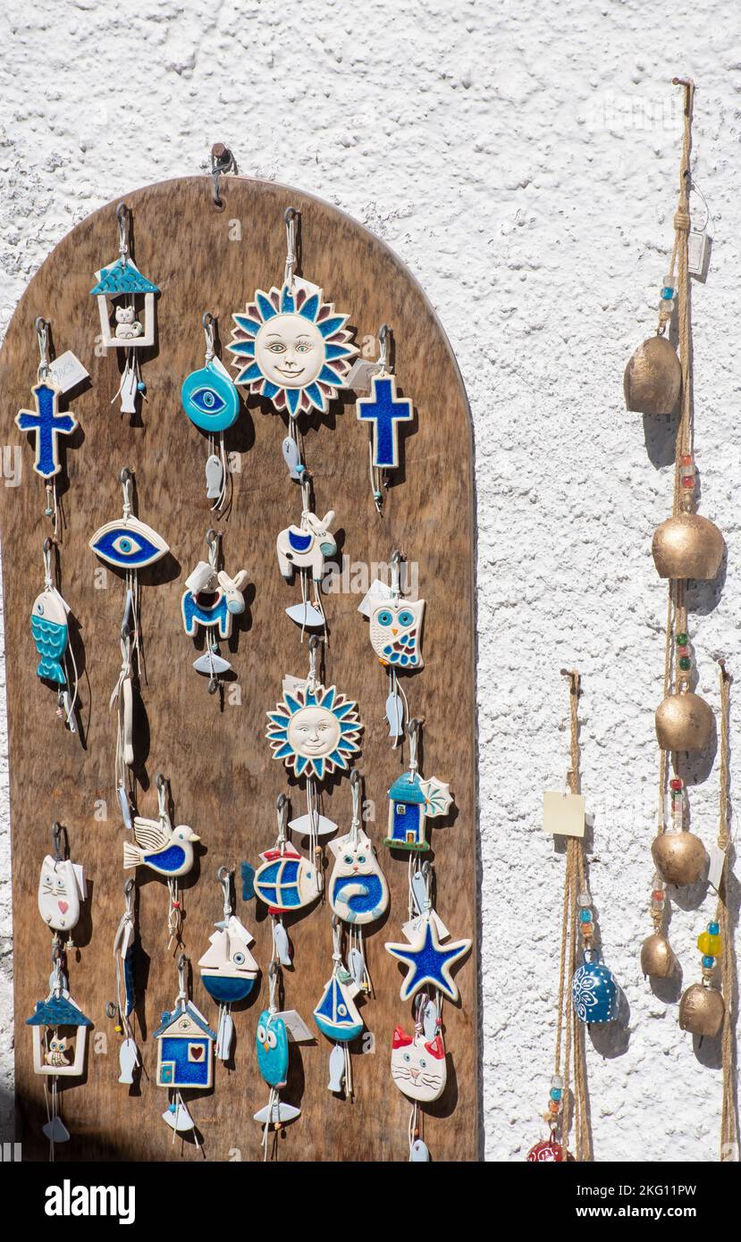 Santorini Greece -26 September 2022: Small trinkets souvenirs on board Stock Photo