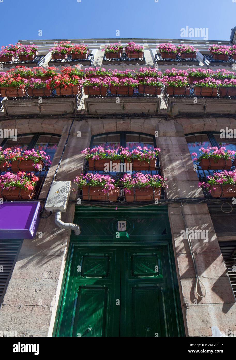 Calle Ancha balconies. Building decorated with  pink flowers planters, Leon, Spain Stock Photo