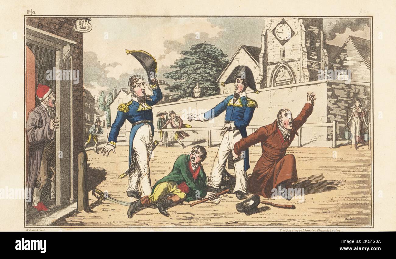 Two English naval officers brawling with debt collectors in a Plymouth street. The frightened bailiffs shout for help, their cudgels on the ground. Captain Bowsprit drops his sword and offers to pay Captain Bomb's tailor's debt. Handcoloured copperplate engraving by Charles Williams from The Post Captain, or Adventures of a True British Tar by a Naval Officer, J. Johnston, London, 1817. Attributed to Alfred Thornton or John Mitford. Stock Photo