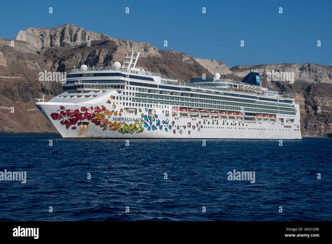 Fira santorini Greece -22 September 2022:   Cruise Ships Norwegian Gem Norwegian  Cruise line  in bay of Fira Stock Photo