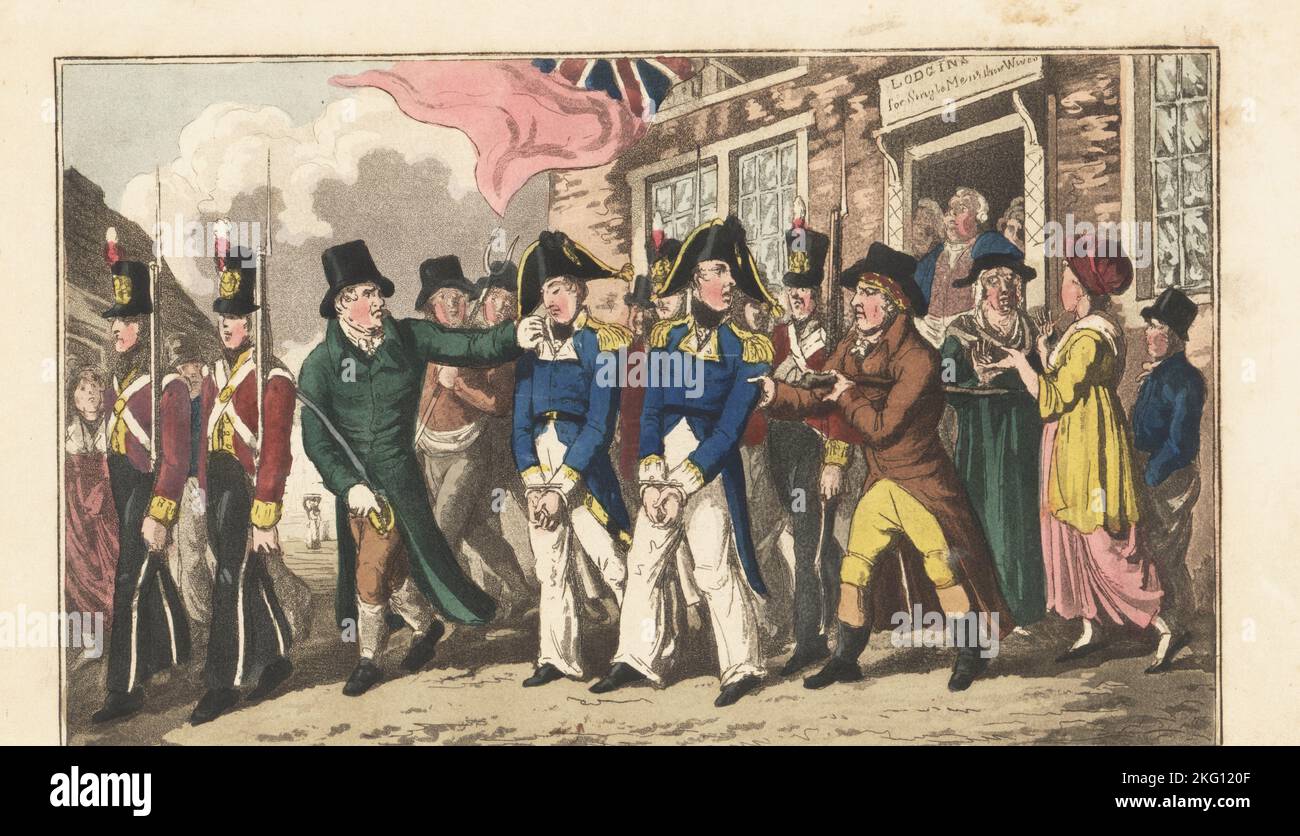 Two English naval officers are taken from a Plymouth lodging house in handcuffs to a magistrate's court for assault. Bailiffs with cudgels and cutlass, armed guards and yokels with pitchforks accompany Captain Bowsprit and Captain Bomb to trial. Handcoloured copperplate engraving by Charles Williams from The Post Captain, or Adventures of a True British Tar by a Naval Officer, J. Johnston, London, 1817. Attributed to Alfred Thornton or John Mitford. Stock Photo