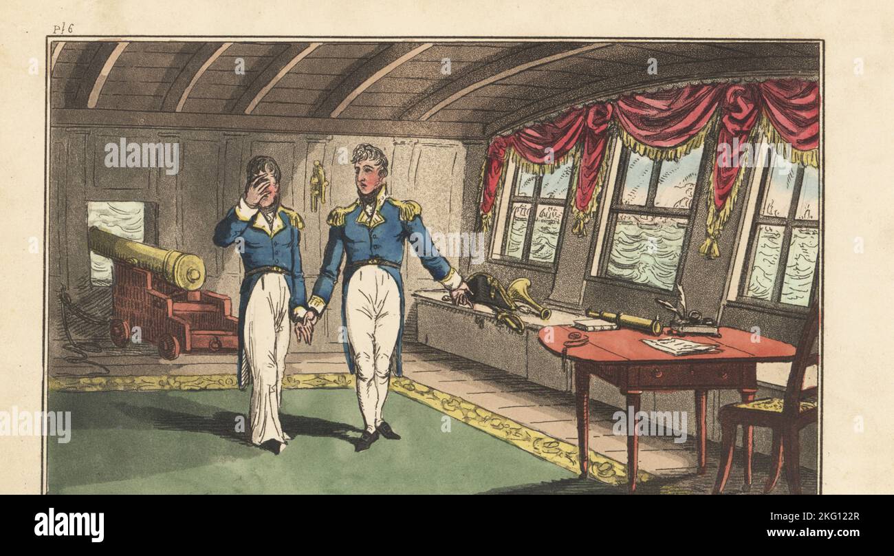 Two English Regency naval officers in the captain's cabin before a battle with the French during the Napoleonic Wars. Captain Bowsprit consoles First Lieutentant Mizen. The cabin is equipped with desk, carpet, curtains and a large cannon. Handcoloured copperplate engraving by Charles Williams from The Post Captain, or Adventures of a True British Tar by a Naval Officer, J. Johnston, London, 1817. Attributed to Alfred Thornton or John Mitford. Stock Photo