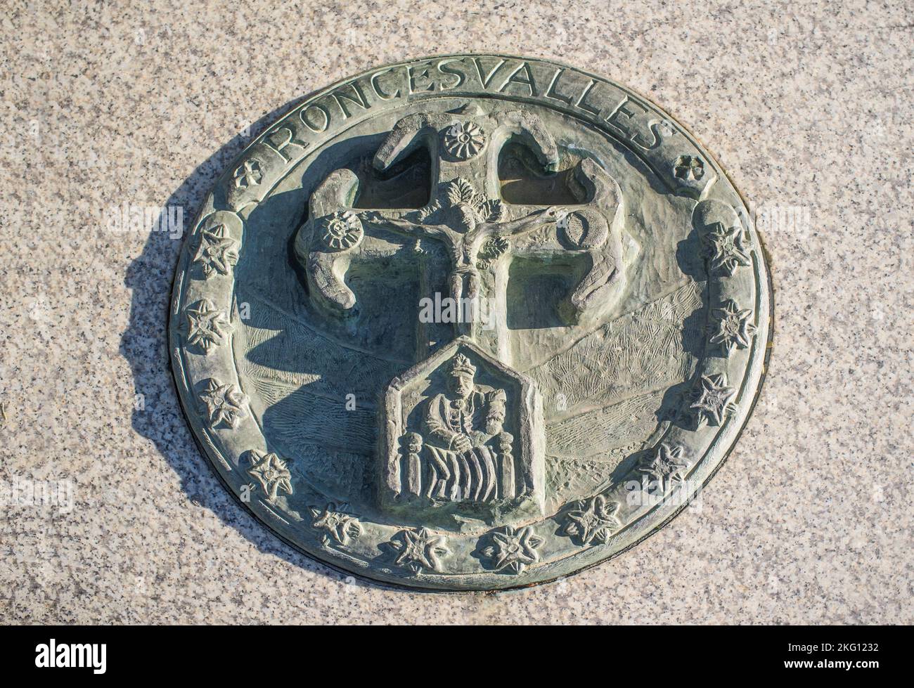 Convent of San Marcos at Leon City, Spain. Memorial medallion of Key towns of St. James pilgrimage, Roncesvalles Stock Photo