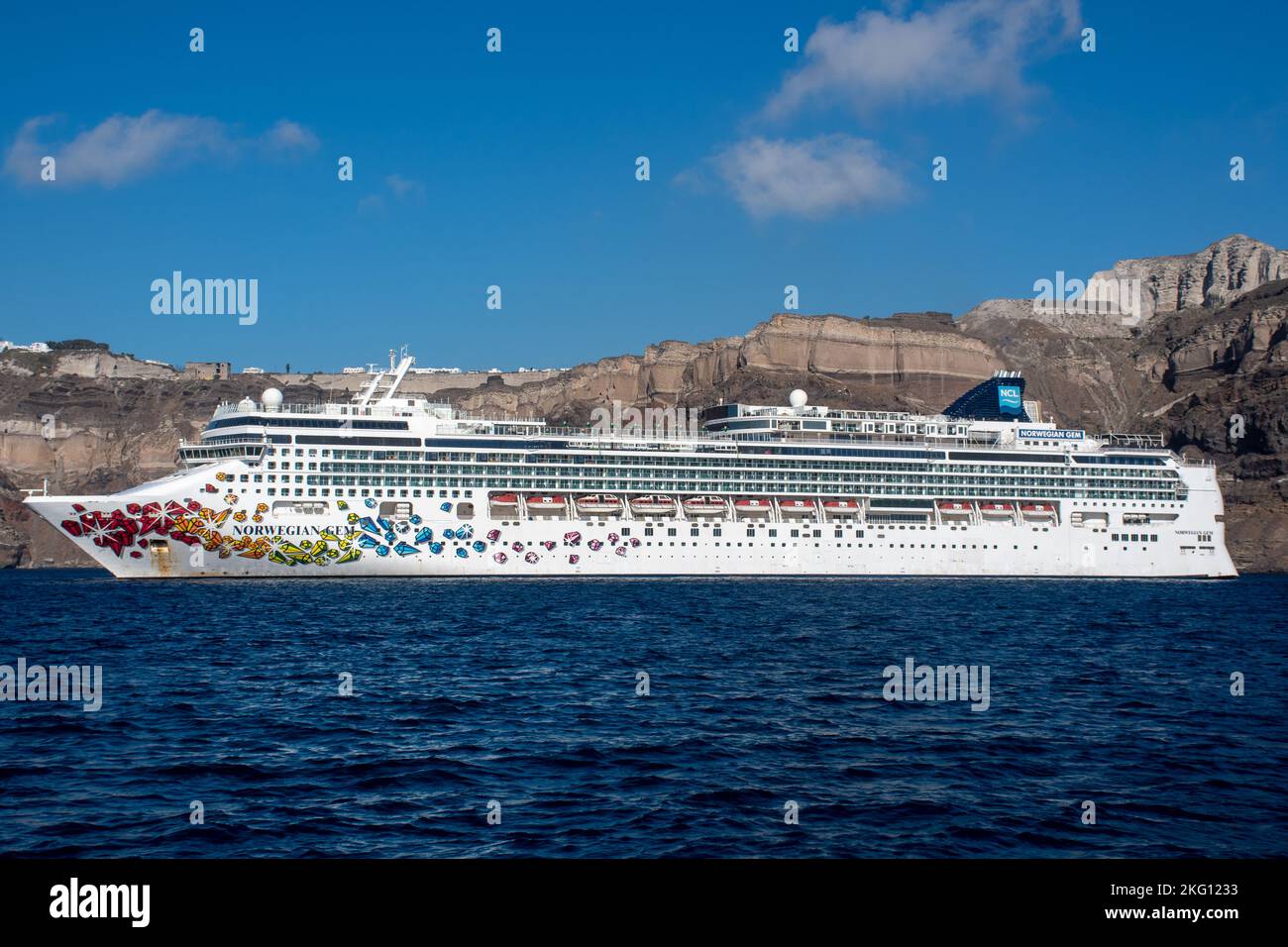 Fira santorini Greece -22 September 2022:   Cruise Ship Norwegian Gem Norwegian  of Cruise line  in bay of Fira Stock Photo