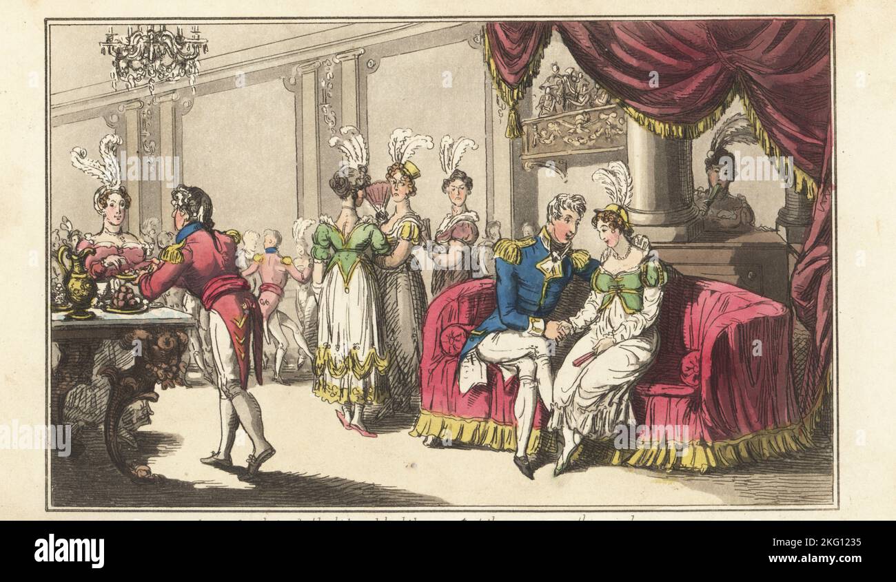 A scene at a ball in Gibraltar during the Napoleonic Wars. Admiral Bowsprit proposes to a young Castilian maid on the sofa. Ladies in plumed headdresses watch the seduction. Others dance with army and naval officers under a chandelier. Handcoloured copperplate engraving by Charles Williams from The Post Captain, or Adventures of a True British Tar by a Naval Officer, J. Johnston, London, 1817. Attributed to Alfred Thornton or John Mitford. Stock Photo