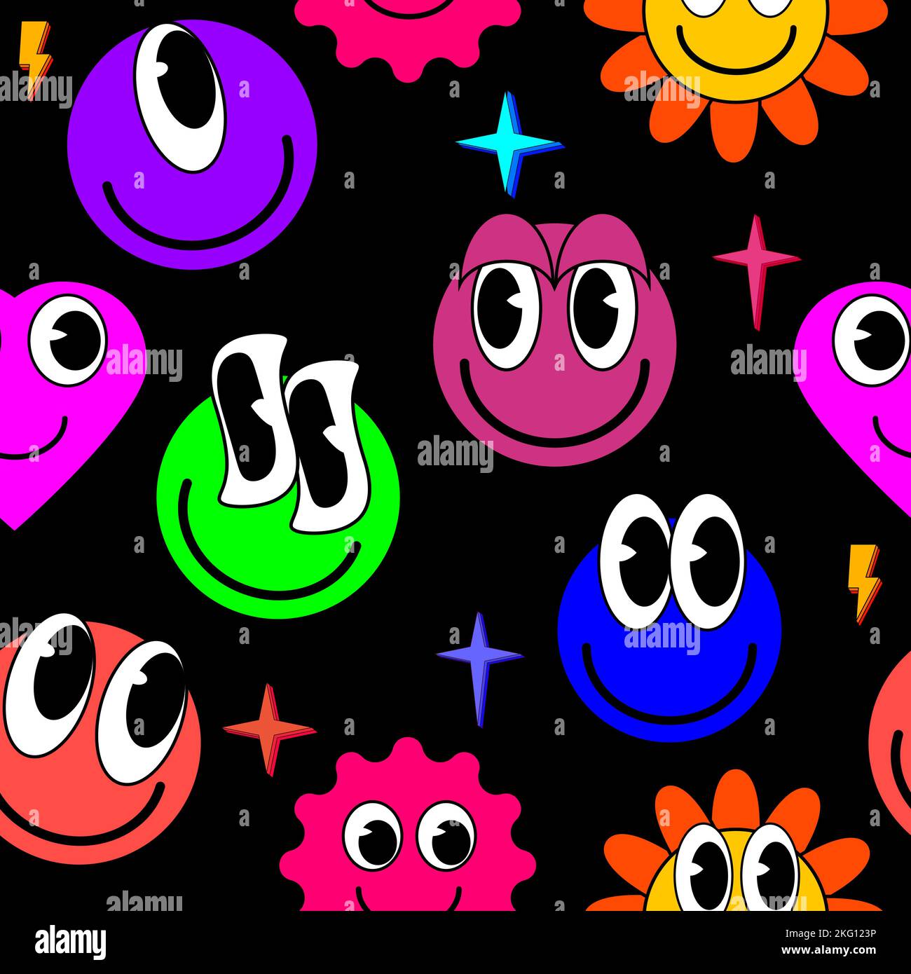 Smiley faces stickers, trippy seamless pattern. Retro trendy distortion background Stock Vector
