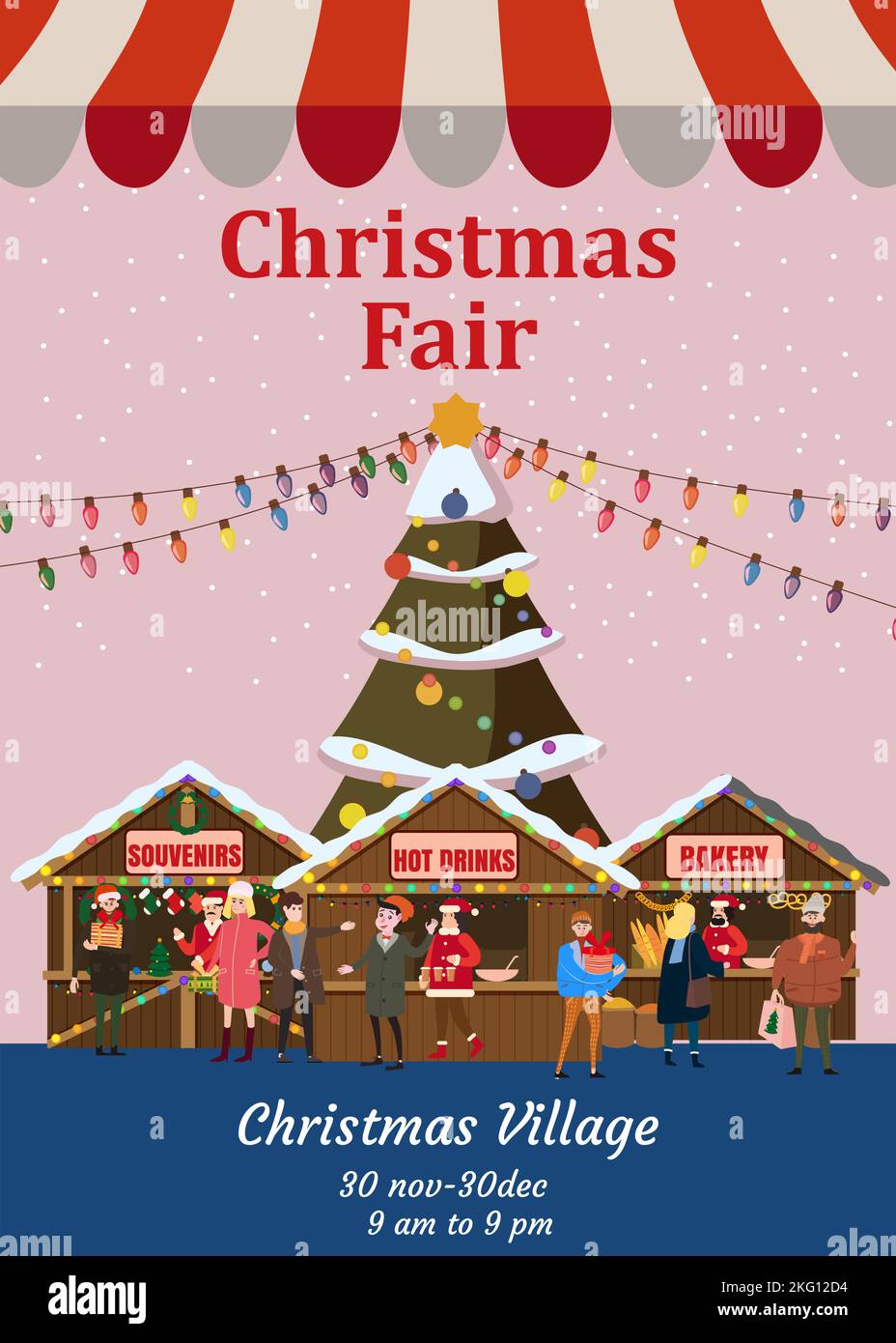 Christmas Fair poster. Xmas fair card with decorated Christmas tree