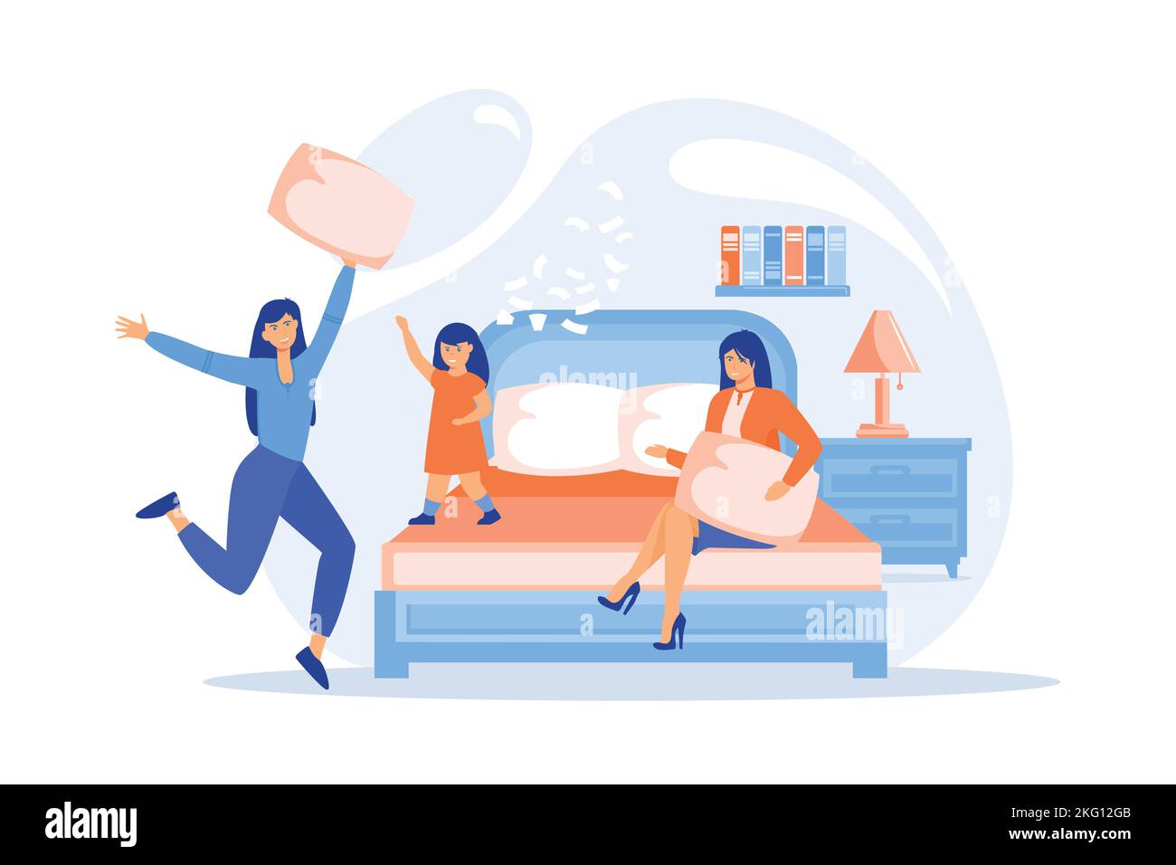Happy tiny people female teens pillow fight in bedroom at slumber party. Pajama party, friends sleepover, slumber night party concept. flat vector mod Stock Vector
