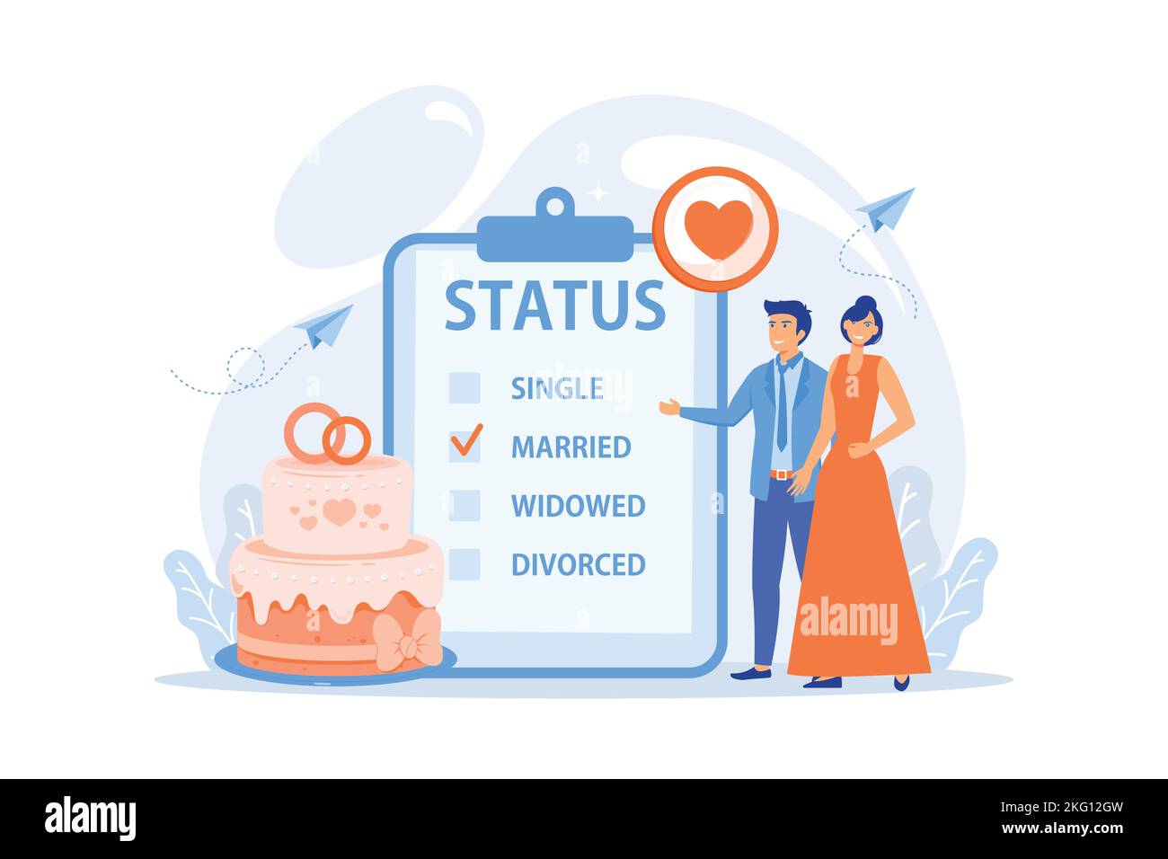 Married couple and marital status on clipboard, tiny people