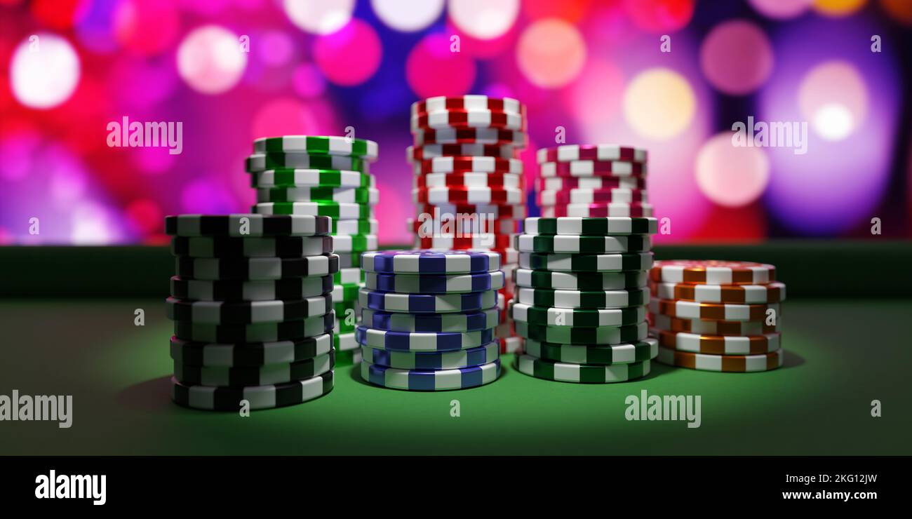 Casino chips stacks. Gambling token in piles on green felt table, bokeh lights background. 3d render Stock Photo