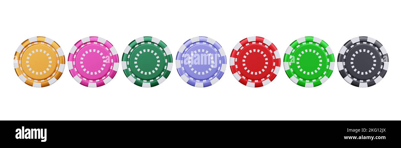 Casino Chip. Poker chips in a row, isolated on white background. Many colors casino tokens set top view, design element, 3d render Stock Photo