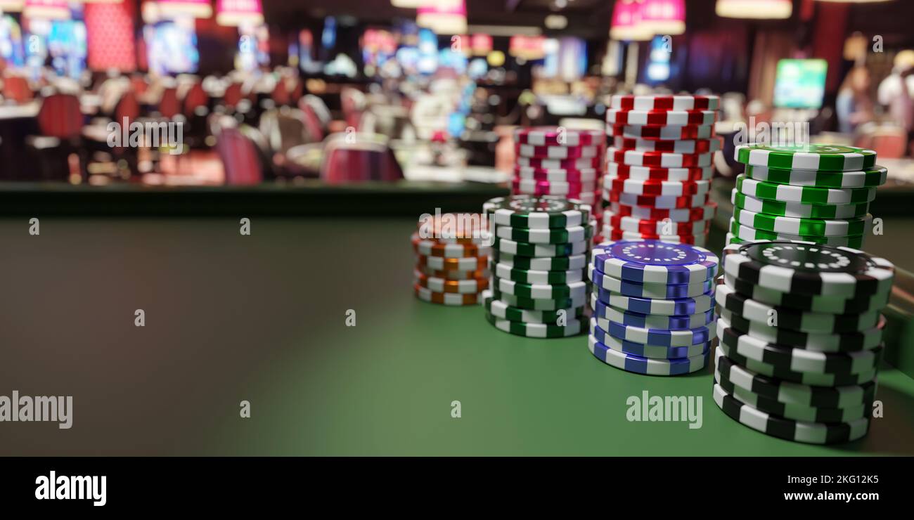 Poker chips stacks on green felt roulette table, blur casino interior background. Gambling and betting earnings. 3d render Stock Photo