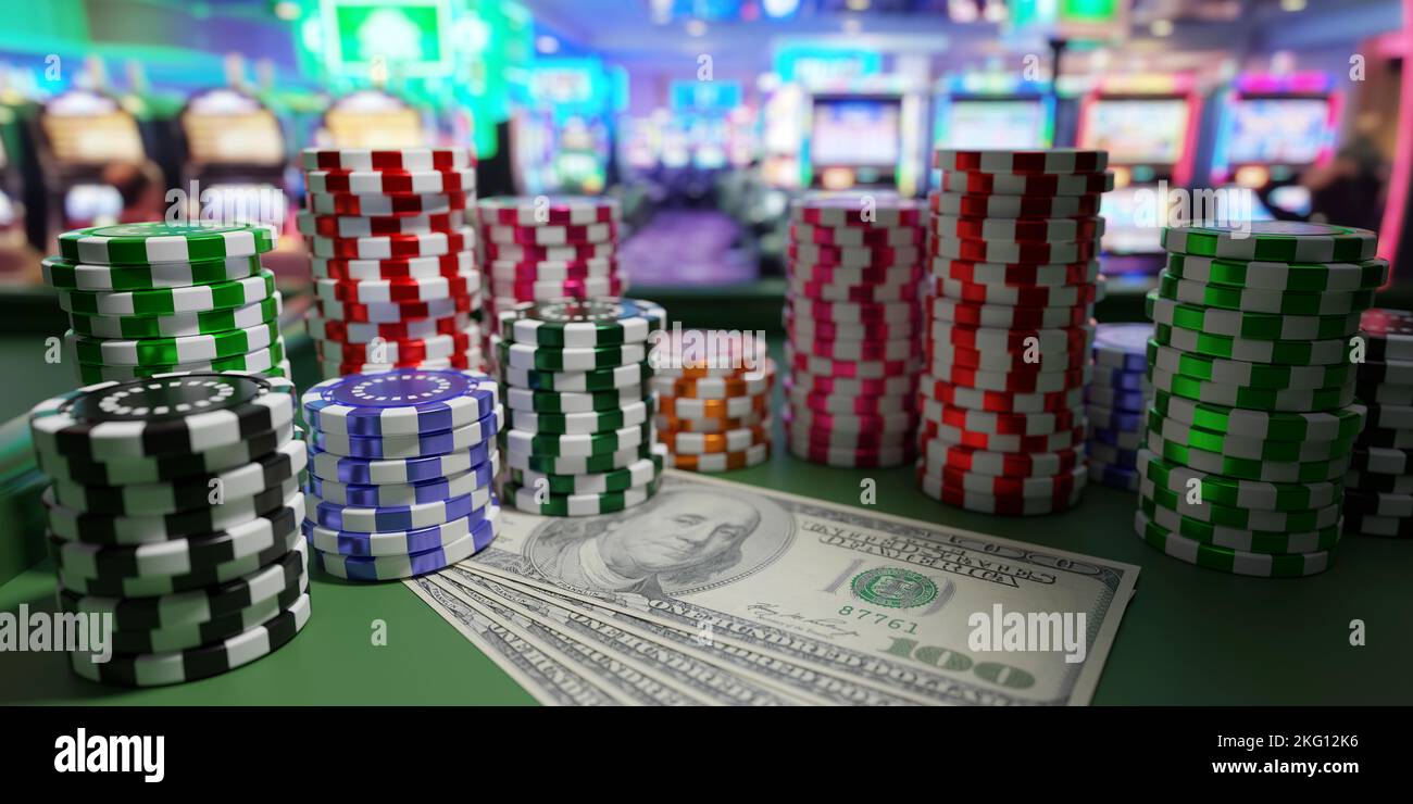 Casino chips stacks and US dollars on green felt roulette table, blur interior background. Gambling and betting earnings. 3d render Stock Photo