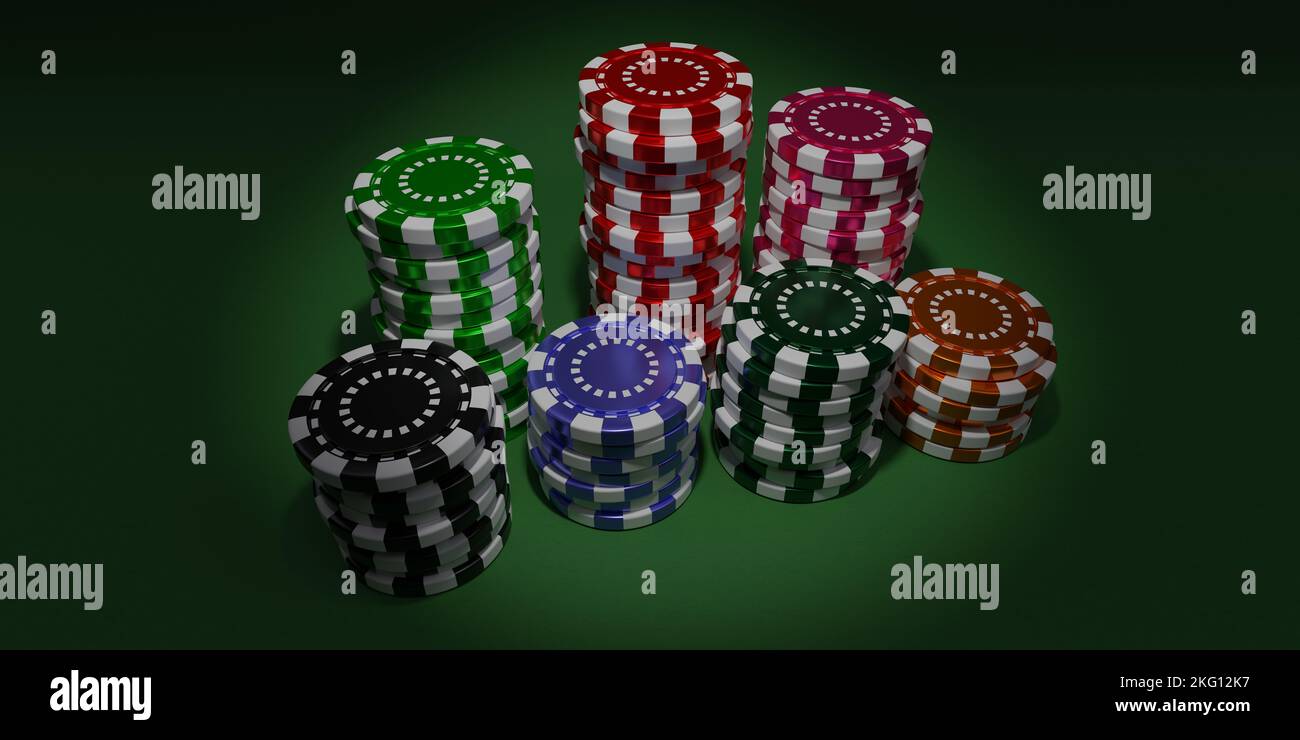 Casino chips stacks. Gambling token in piles on green felt table, dark background. 3d render Stock Photo