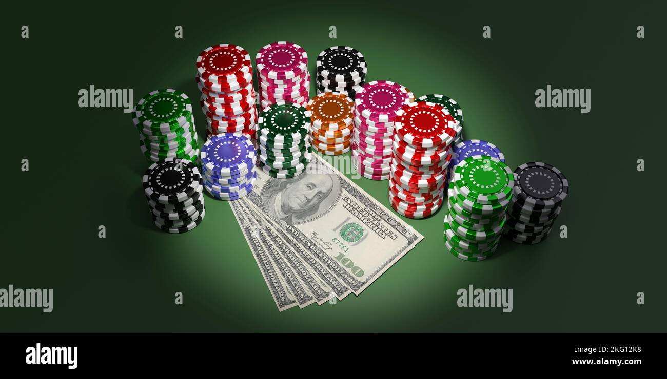 Casino chips stacks and US dollars banknotes on green felt table, dark background. Gambling and betting earnings. 3d render Stock Photo