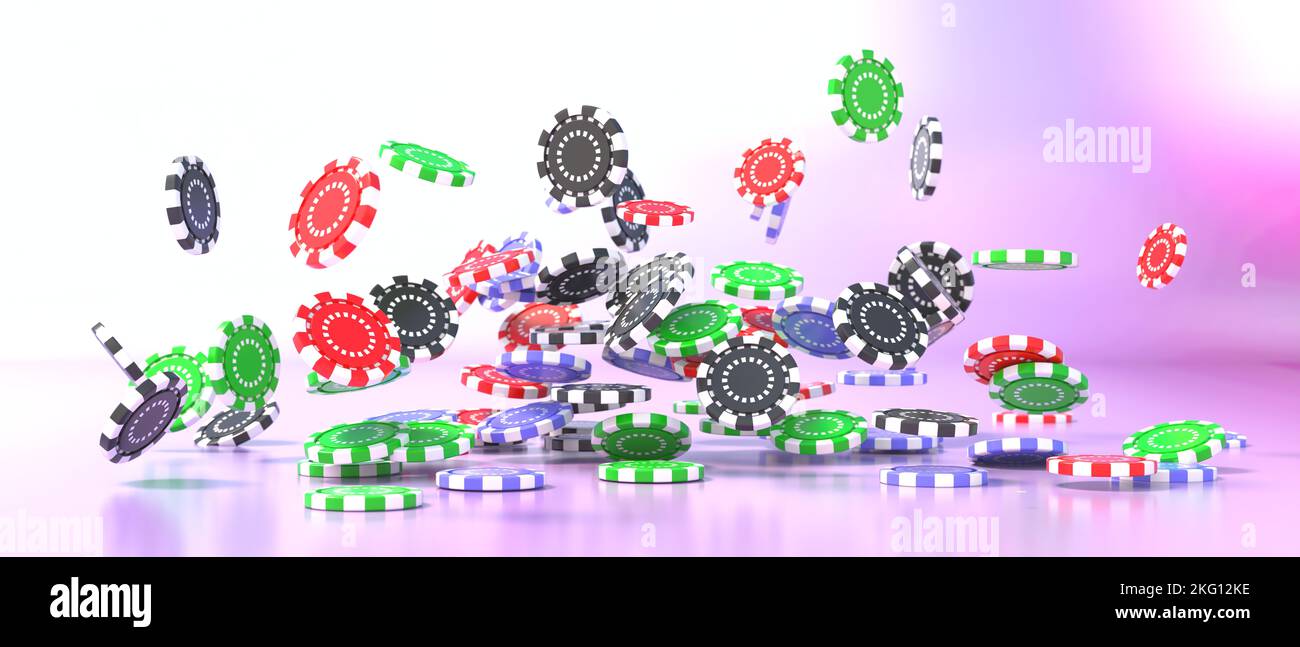Casino, betting, leisure game. Poker gambling chips falling, Gaming, luck amd money concept. 3d render Stock Photo