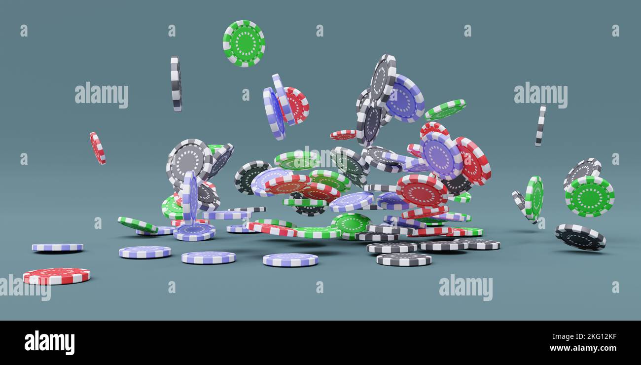 Poker gambling chips falling. Casino token fly, gray background. Betting, leisure game. 3d render Stock Photo