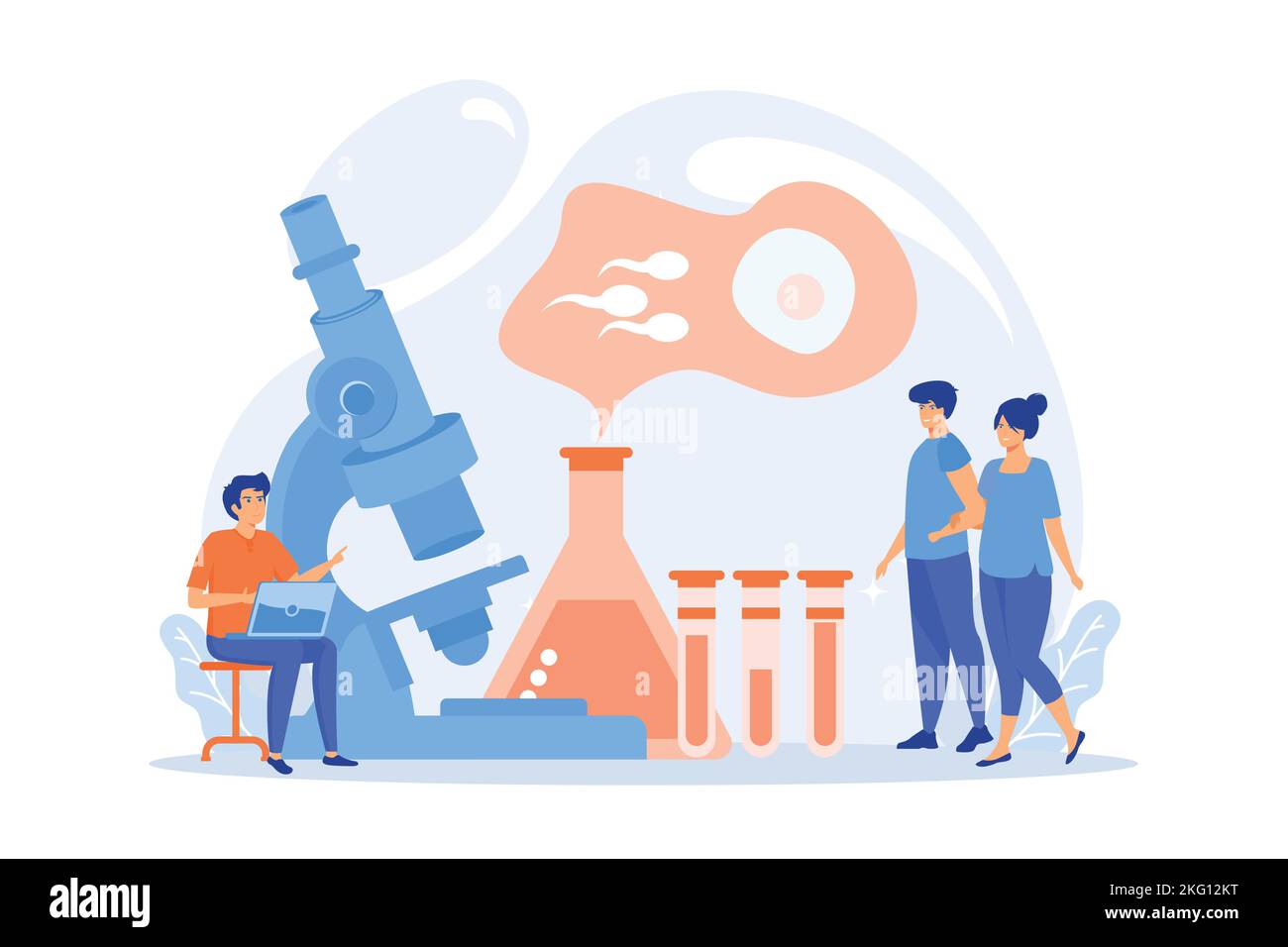Scientist on microscope working on infertility treatment for couple. Infertility, female infertility causes, sterility medical treatment concept. flat Stock Vector