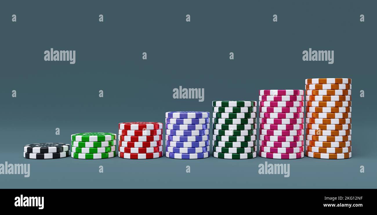 Gambling chips stacks. Casino token in seven piles on gray background. Many colors poker chips, 3d render Stock Photo