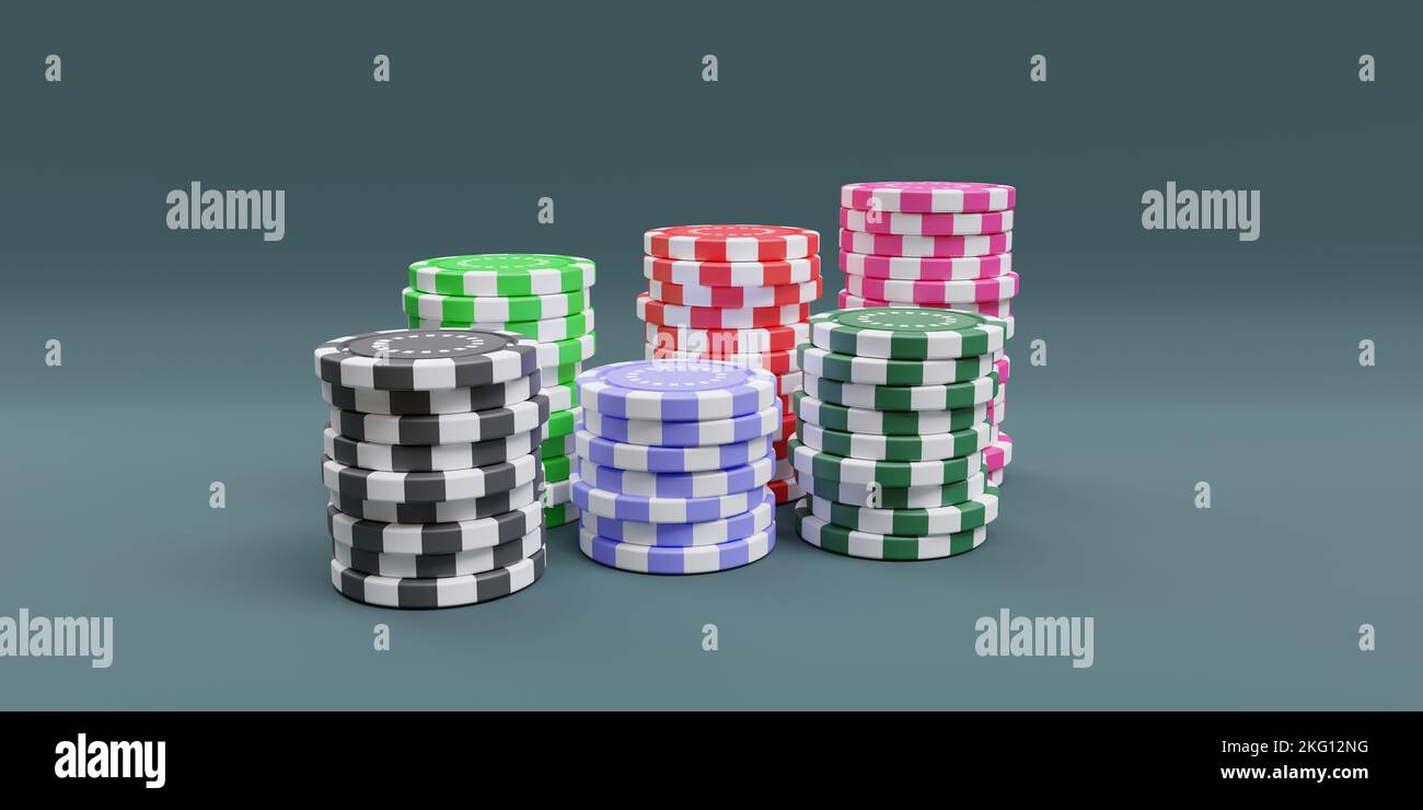 Gambling chips stacks. Casino token in piles on gray background. Many colors poker chips, close up view. 3d render Stock Photo