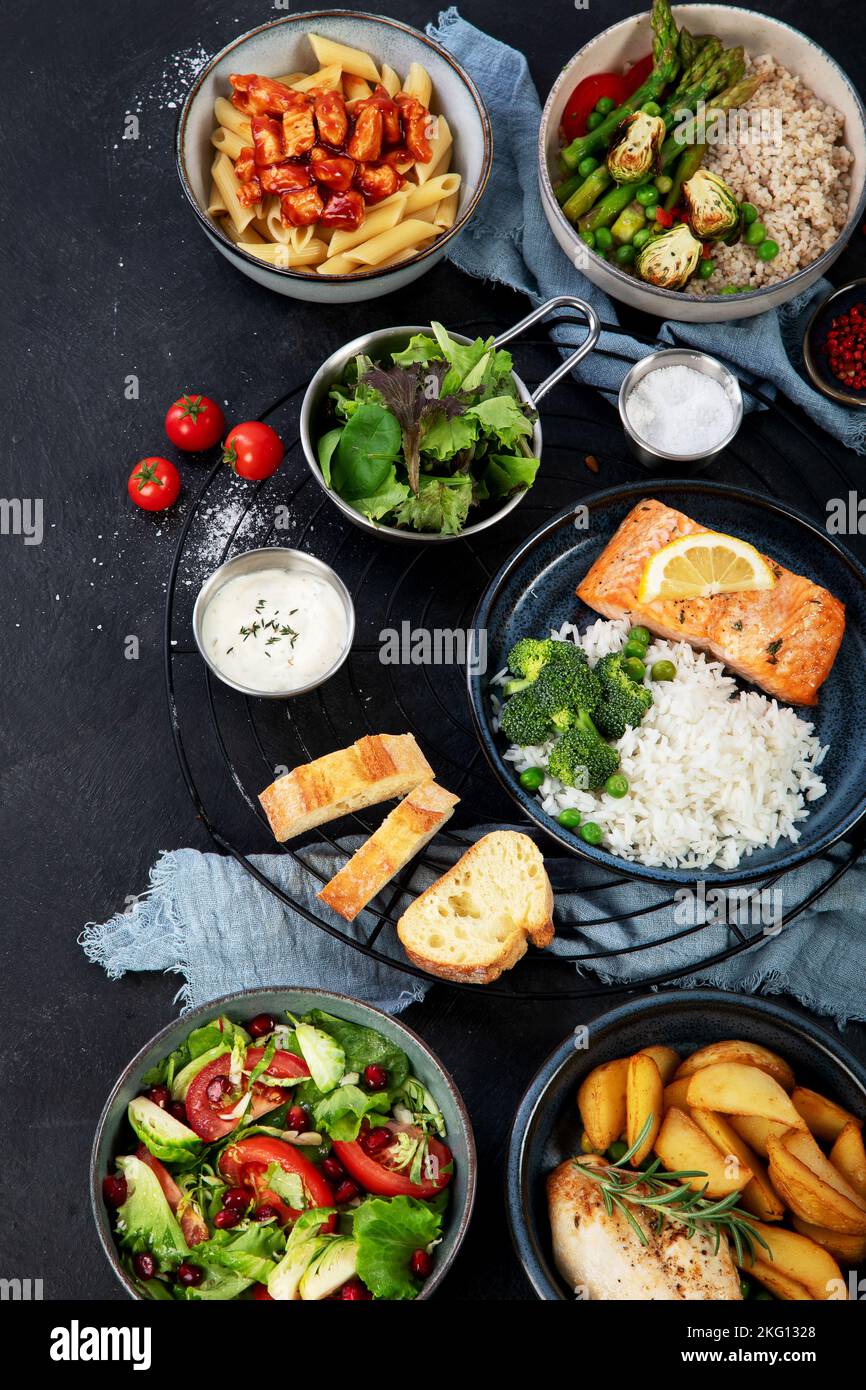 Set of various main dishes. Different healthy main courses, meat and