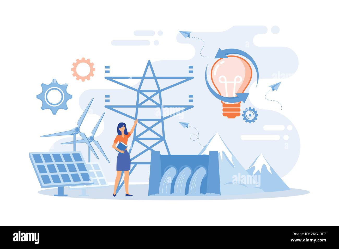 Scientist with sustainable development ideas solar panels, hydropower, wind. Sustainable energy, future-oriented energy, smart energy system concept. Stock Vector