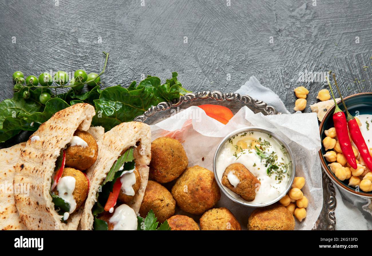 Middle eastern, arabic dishes with falafel, hummus, pita. Halal food