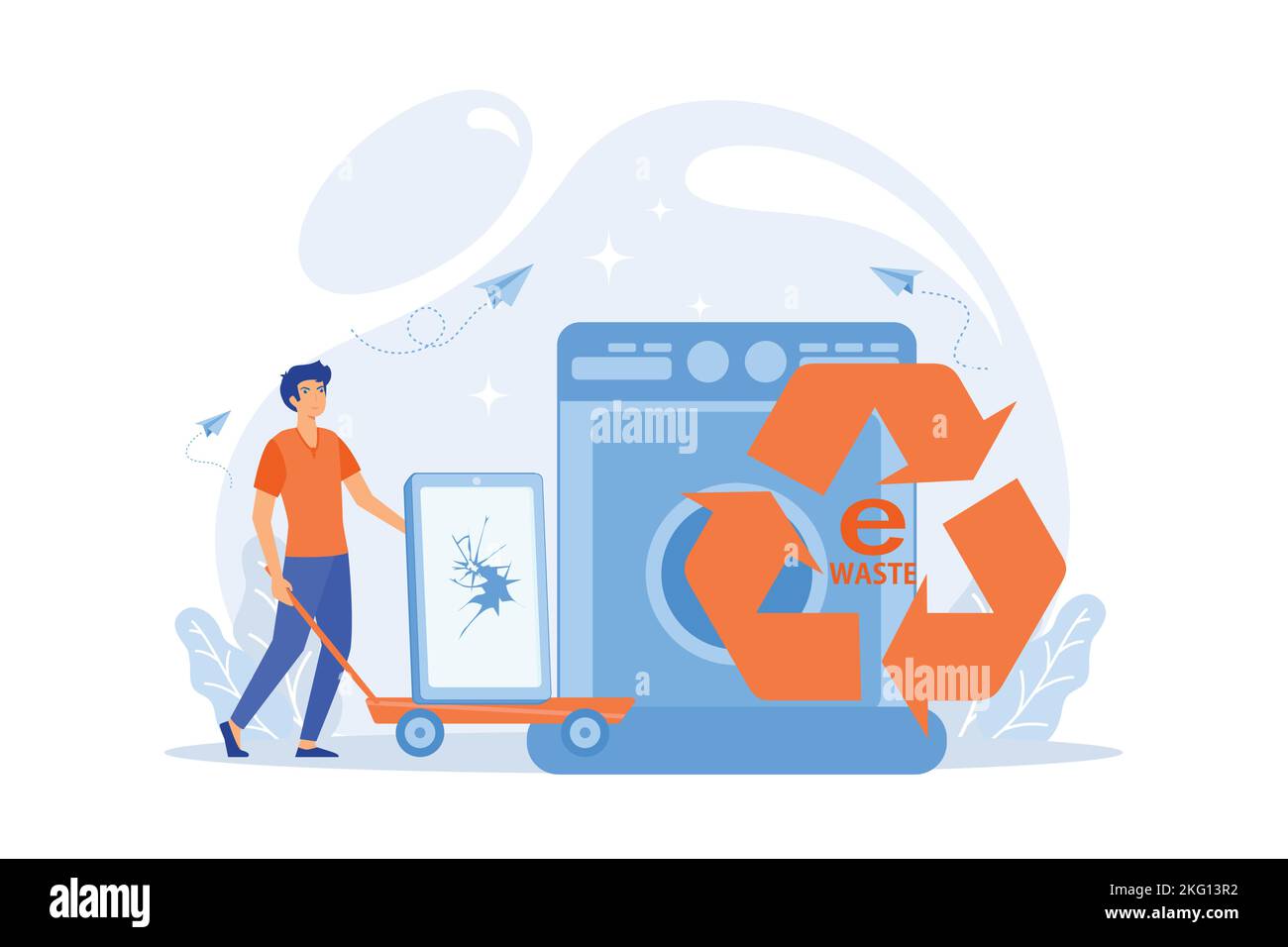 Businessman taking old smartphone in cart to electronic waste recycling. E-waste reduction, electronics trade-in programs, gadgets recycling concept. Stock Vector